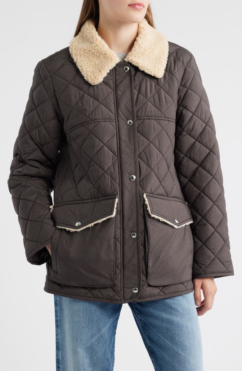 Sam Edelman Quilted Twill Jacket With Faux Shearling Collar, Main, color, Brown/ Black Denim