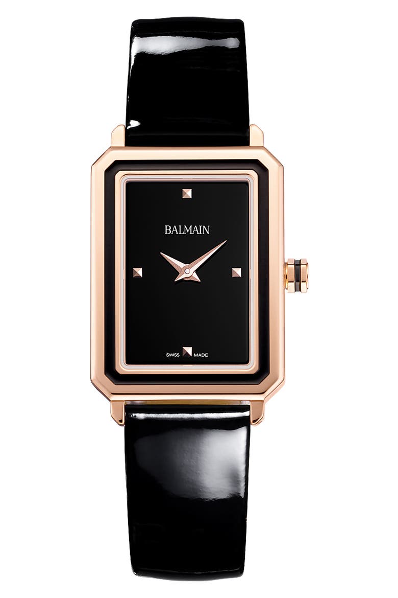 Eirini Leather Strap Watch, 25mm x 33mm, Main, color, BLACK