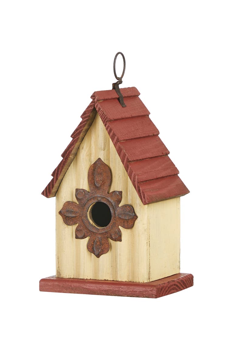 Distressed Solid Wood Decorative Outdoor Garden Birdhouse with 3D Flower or Maple, Main, color, Red