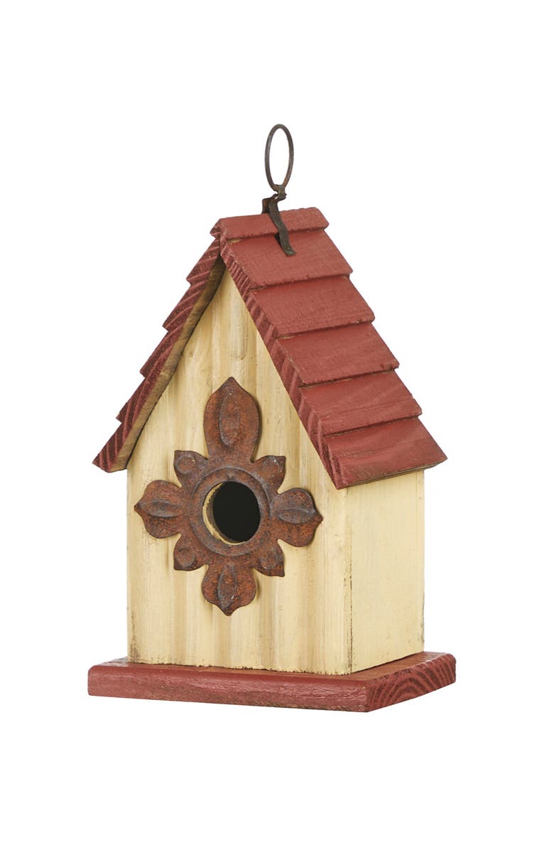 Glitzhome Distressed Solid Wood Decorative Outdoor Garden Birdhouse with 3D Flower or Maple, Main, color, Red