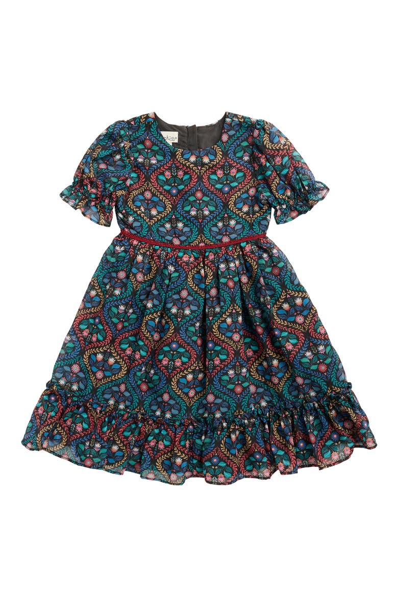 Kids' Susie Printed Ruffle Chiffon Party Dress, Main, color, BLACK