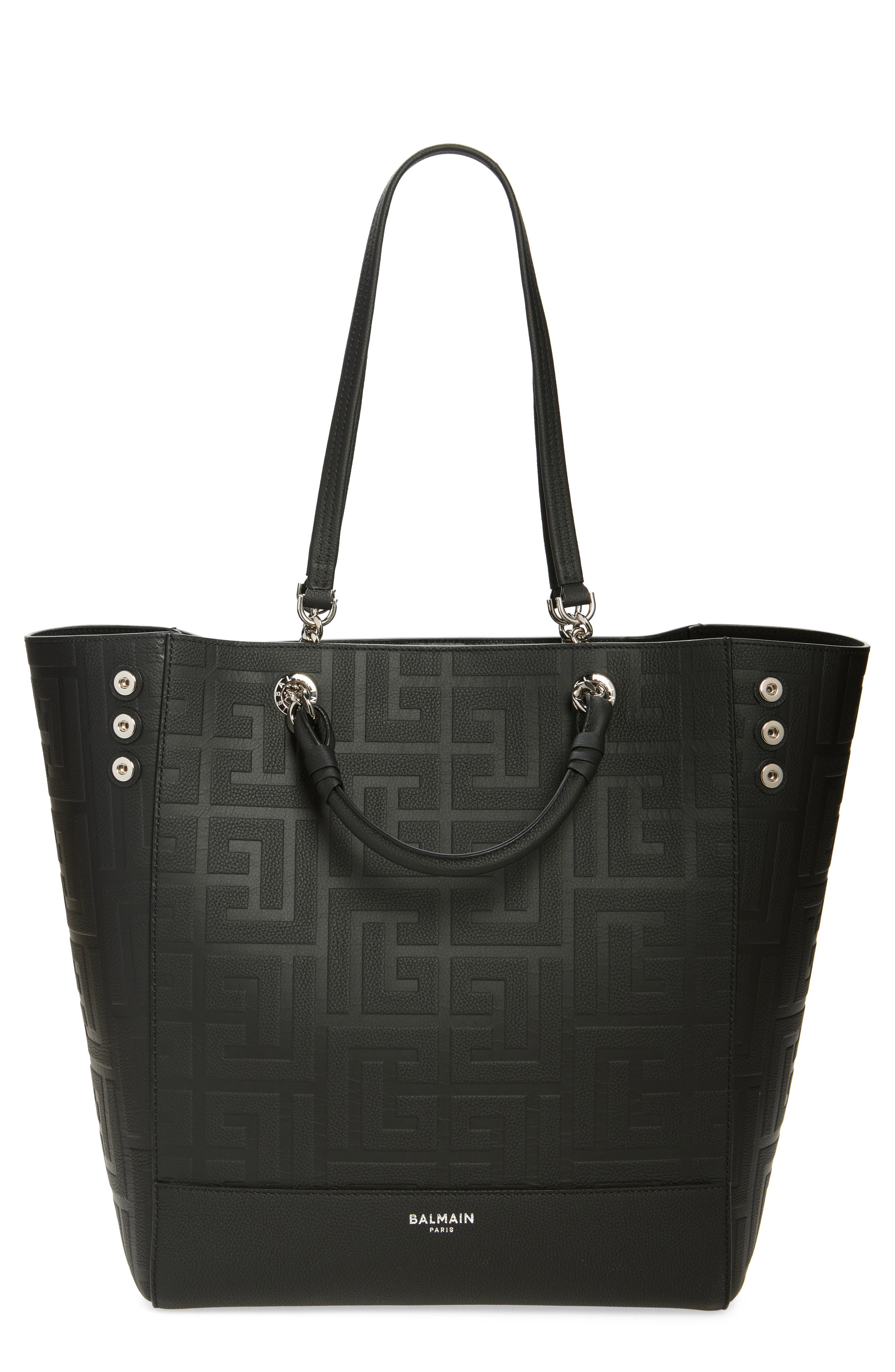 Balmain Cabas Monogram Grained Leather Tote, Main, color, 
