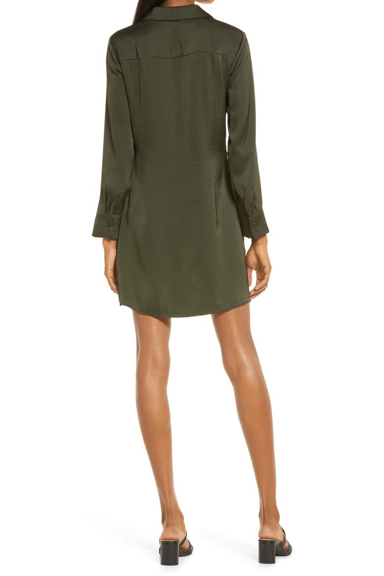 Tie Waist Long Sleeve Satin Shirtdress, Alternate, color, BOTTLE GREEN