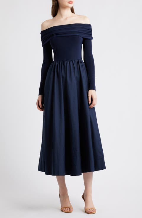 Off the Shoulder Long Sleeve Mixed Media Dress