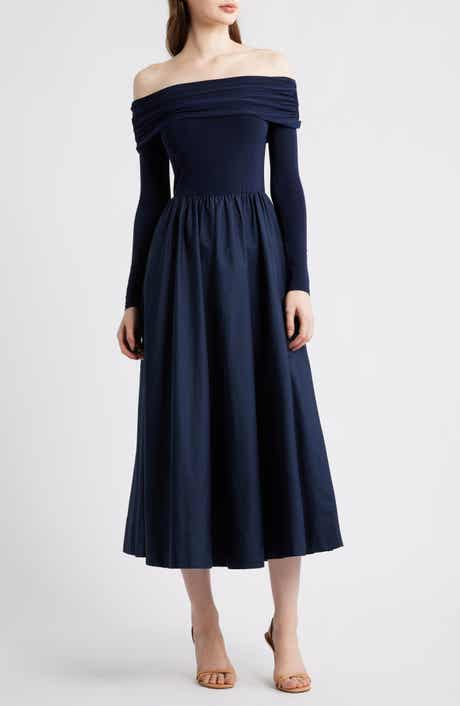 Off the Shoulder Long Sleeve Mixed Media Dress