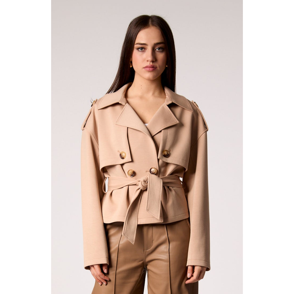 Blue Revival Charli Cropped Scuba Trench Coat In Brown