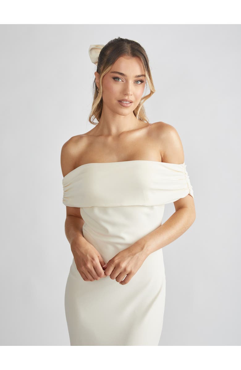 Six Stories Bardot Gathered Crepe Bridesmaid Dress, Alternate, color, Almond