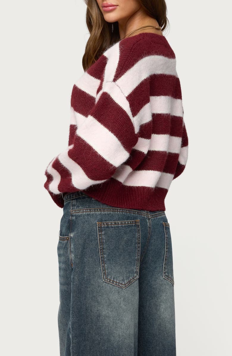 EDIKTED Kaz Stripe V-Neck Cardigan, Alternate, color, Burgundy