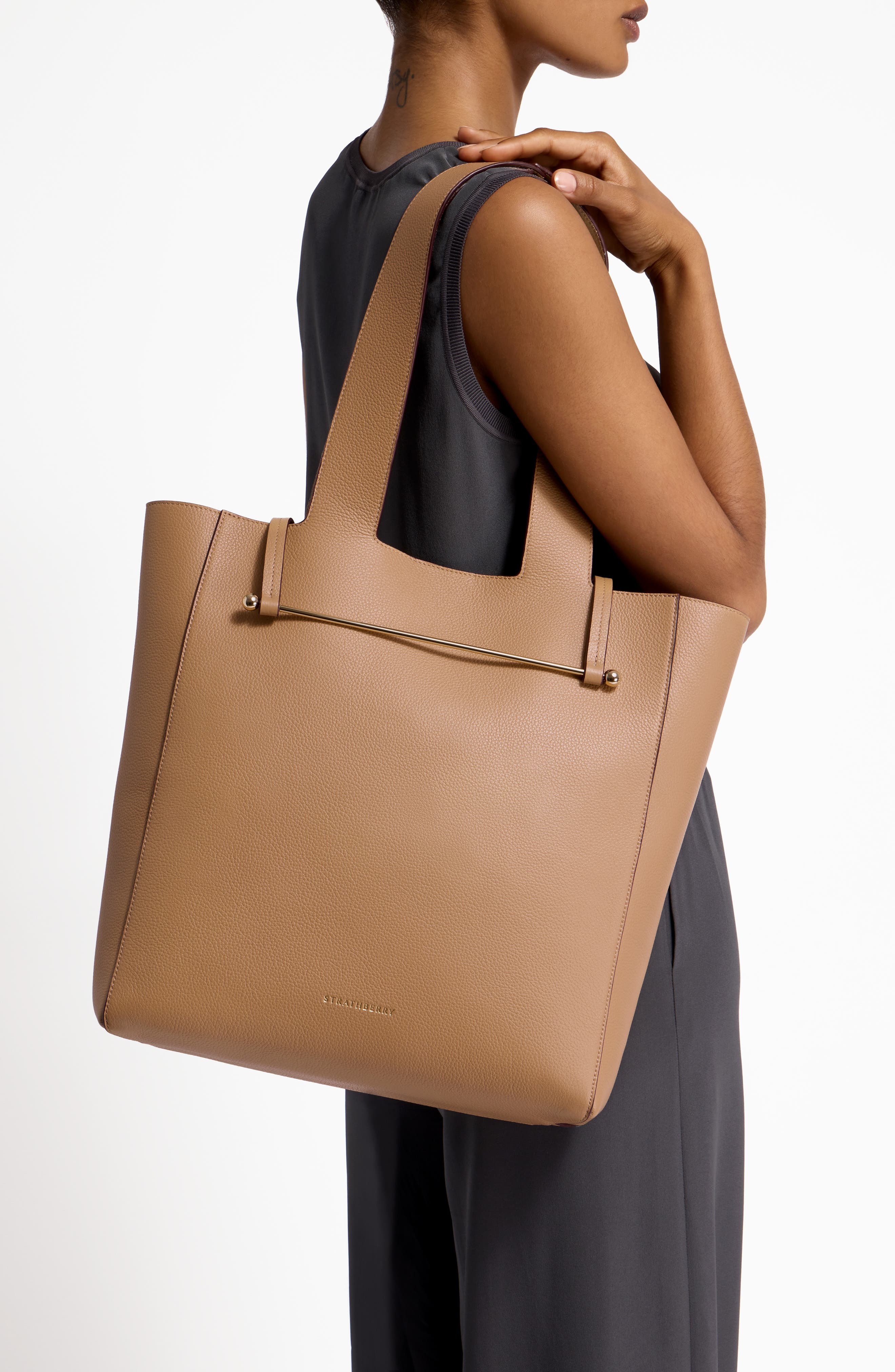 Strathberry Melody Fine Grain Leather Tote, Alternate, color, Caramel