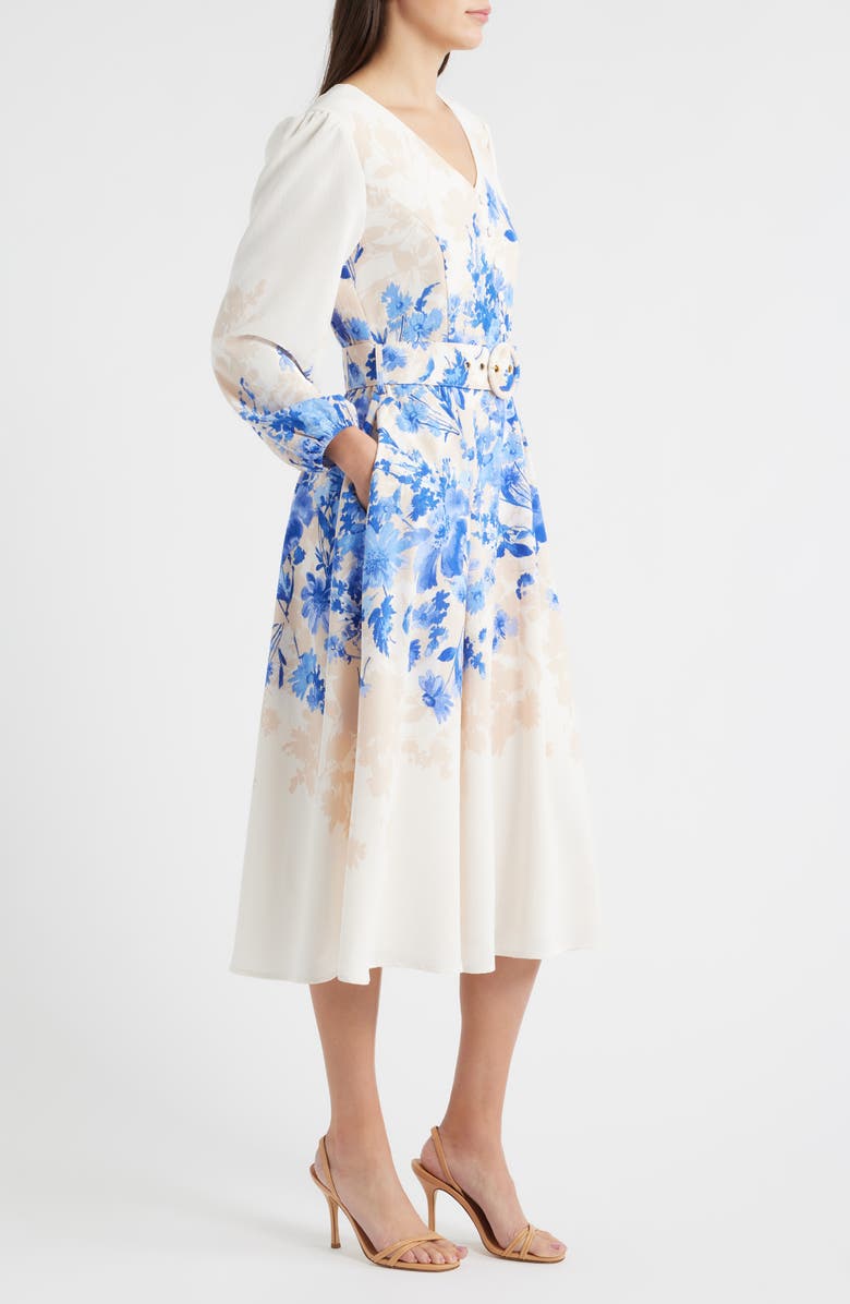 Tahari ASL Placed Floral Long Sleeve Dress, Alternate, color, Ivory Blue