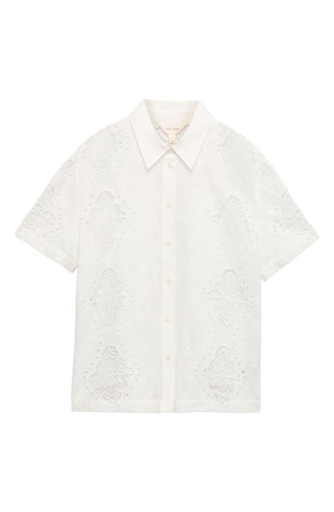 Floral Embroidered Cutwork Button-Up Top