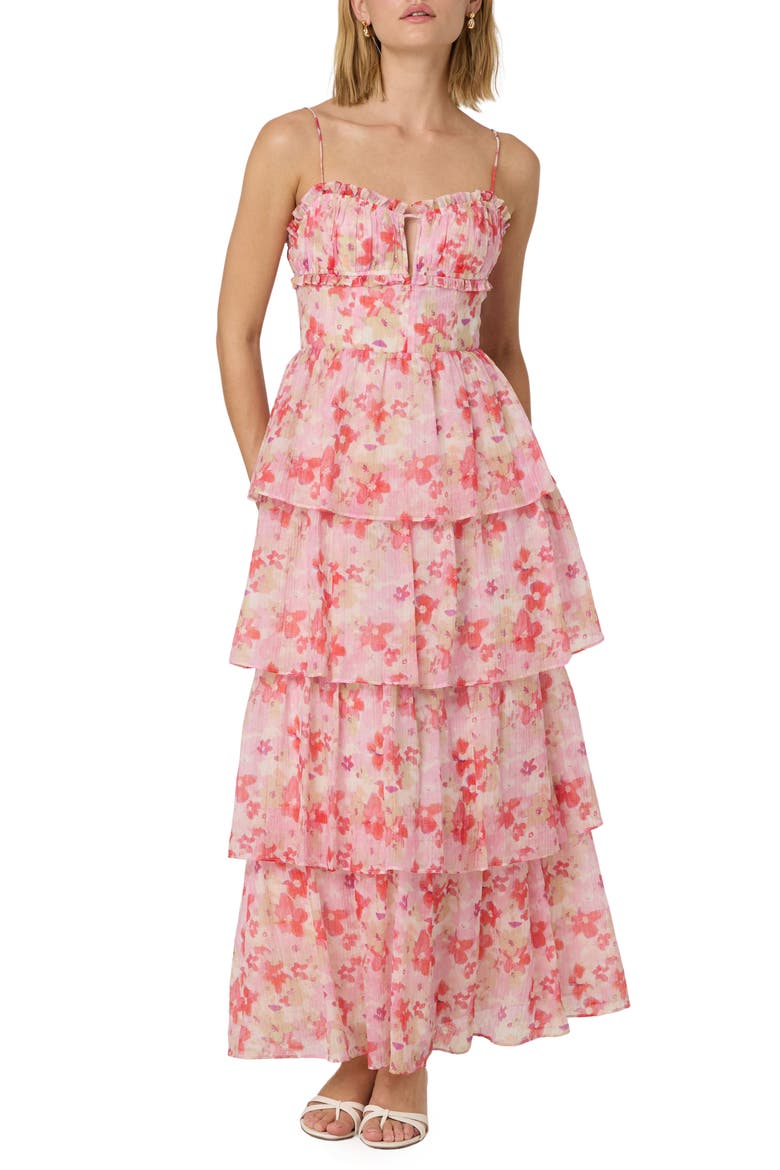 Vonnessa Floral Print Tiered Maxi Dress, Main, color, PINK CORAL MULTI