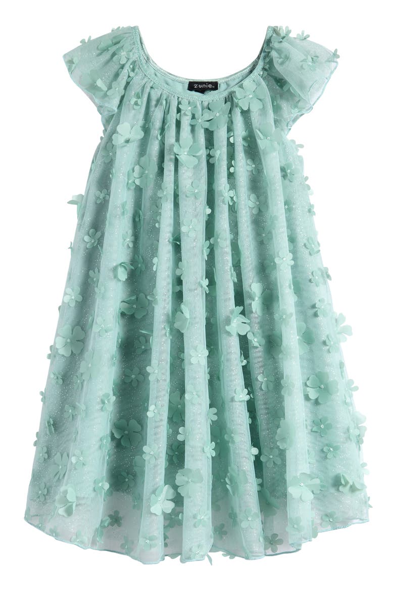 Kids' 3D Floral Appliqué Party Dress, Main, color, SAGE