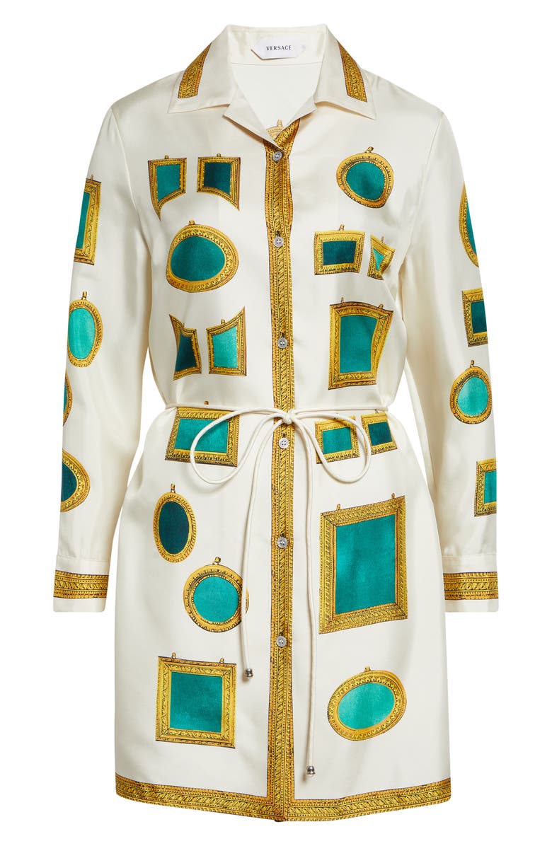 Versace Print Long Sleeve Silk Twill Shirtdress, Alternate, color, Ivory Emerald