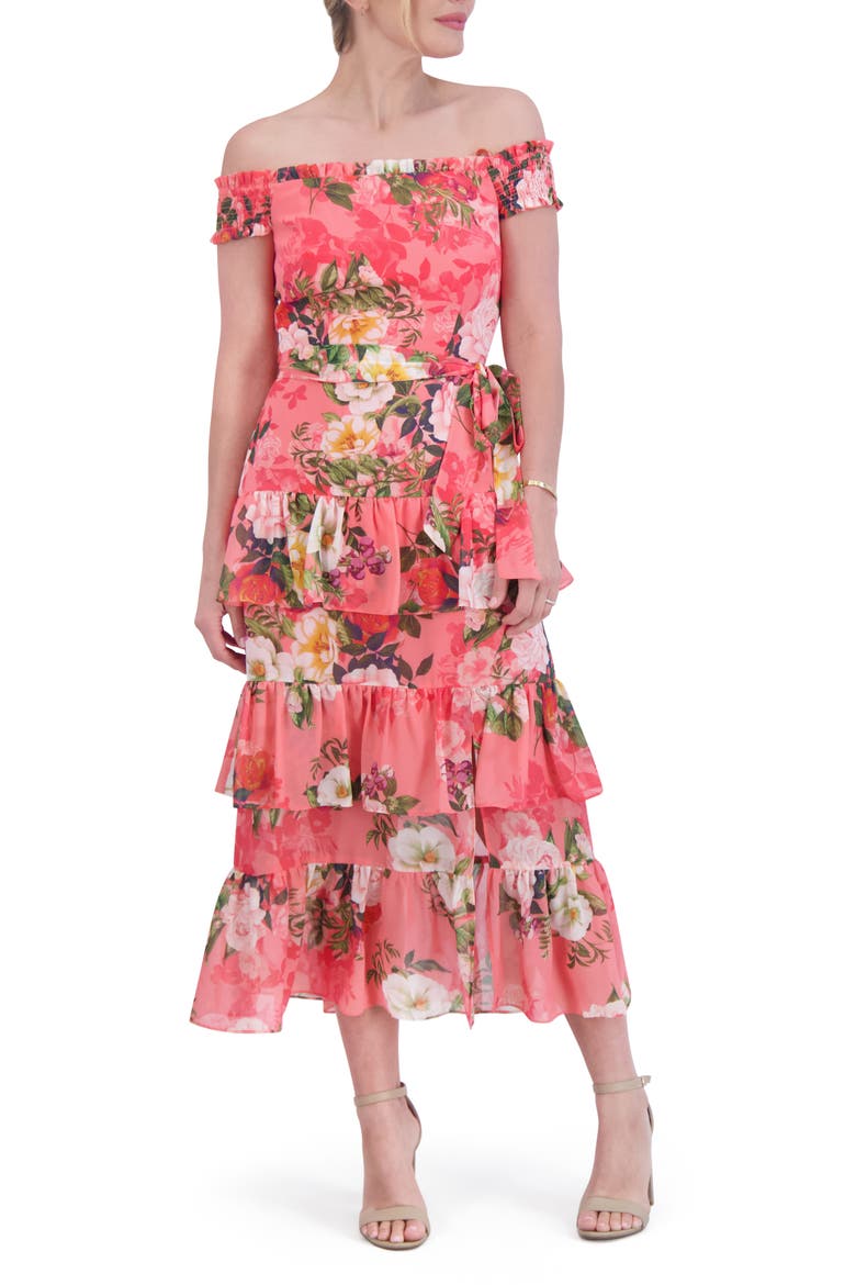 Floral Off the Shoulder Tiered Midi Dress, Main, color, CORAL