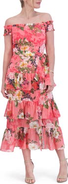 Eliza J Floral Off the Shoulder Tiered Midi Dress