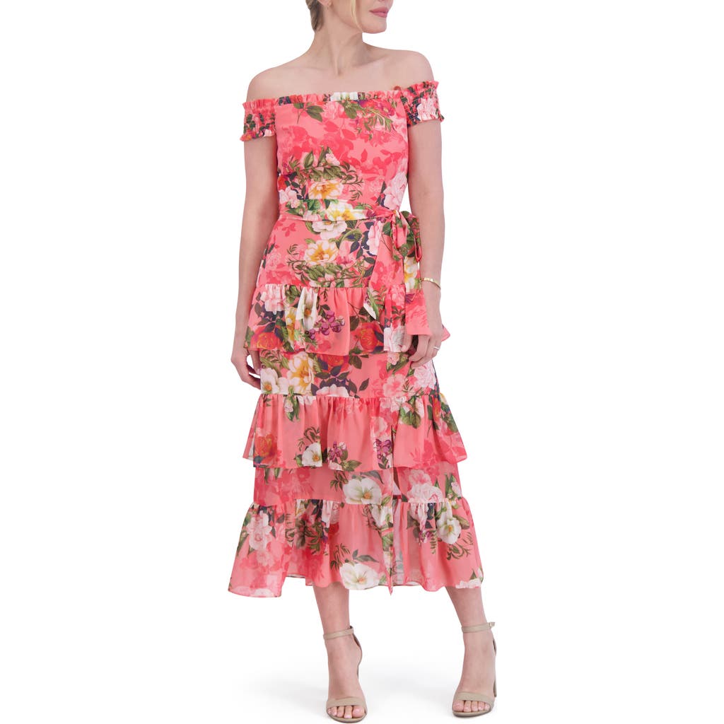 ELIZA J ELIZA J FLORAL OFF THE SHOULDER TIERED MIDI DRESS
