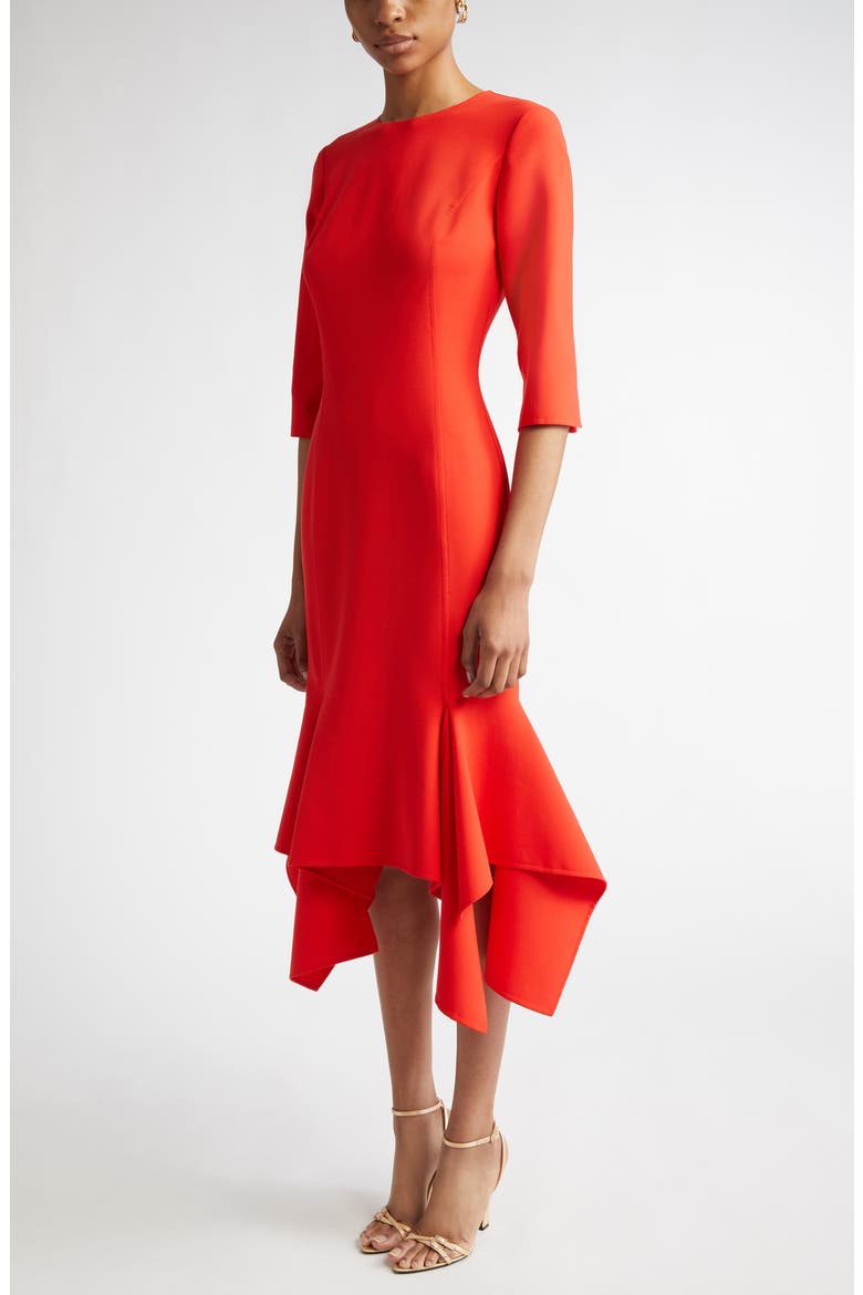 Asymmetric Hem Virgin Wool Blend Midi Dress, Alternate, color, VERMILION