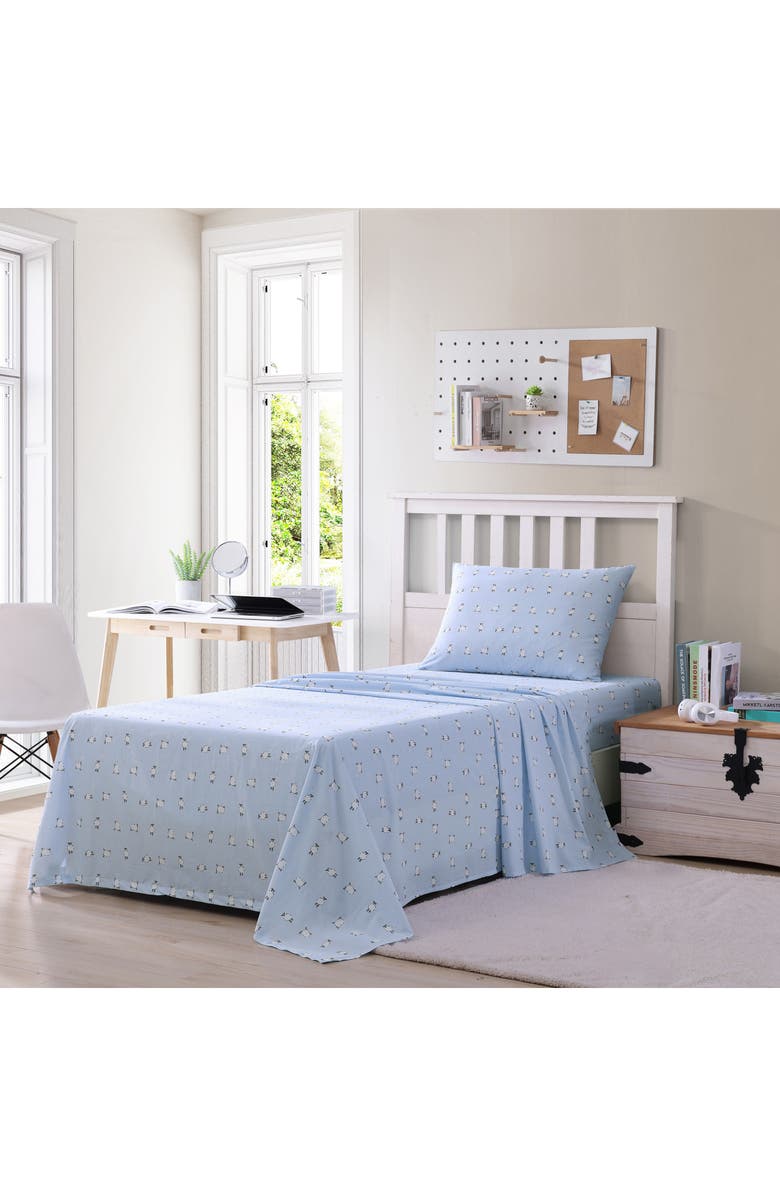 POPPY AND FRITZ Sheep Print 200 Thread Count Cotton Percale Sheet Set, Alternate, color, Light Pastel Blue