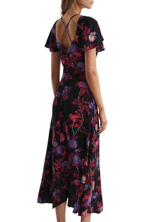Reiss Leni Floral Print Cap Sleeve Midi Dress In Black
