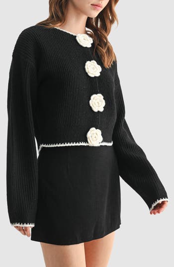 Lush Contrast Rosette Trim Cardigan Sweater In Black