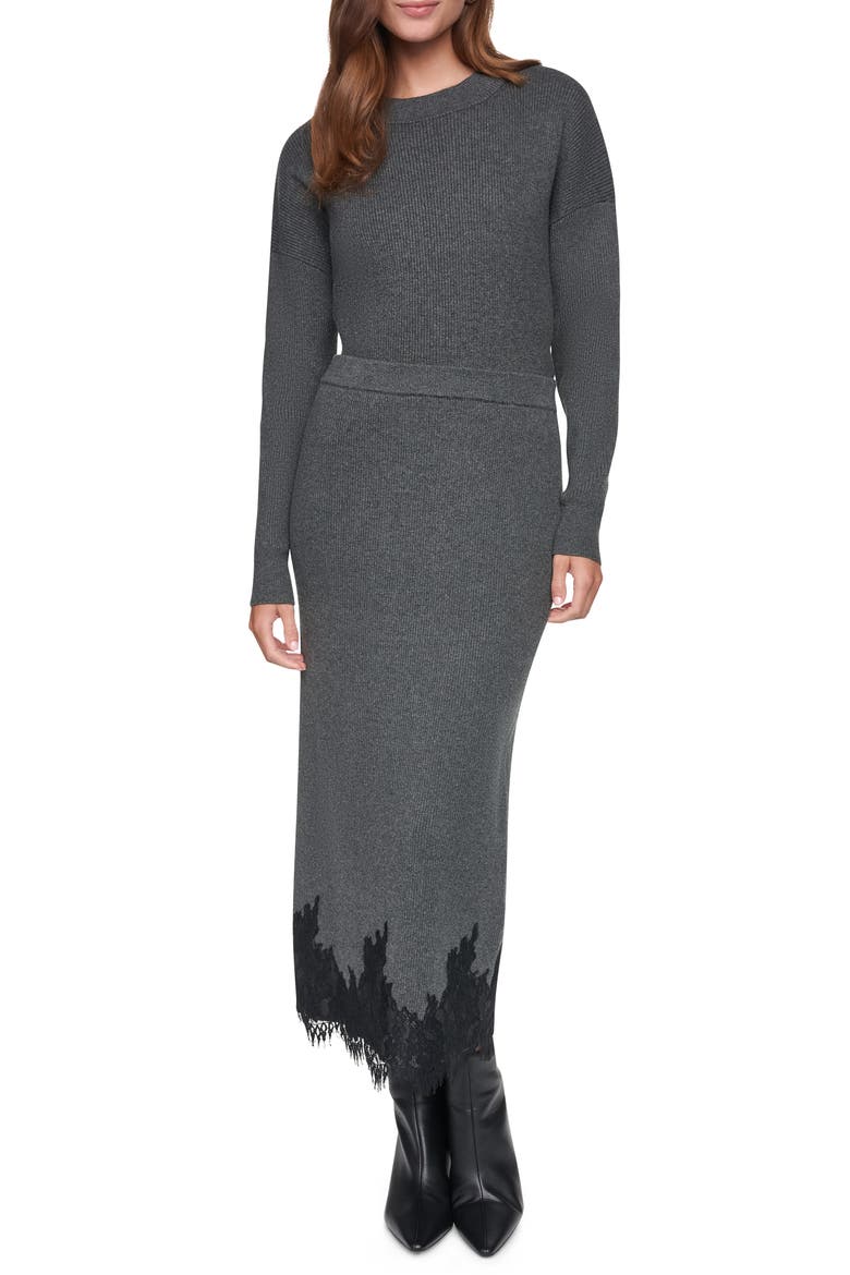Lace Trim Sweater Midi Skirt, Alternate, color, ASPHALT