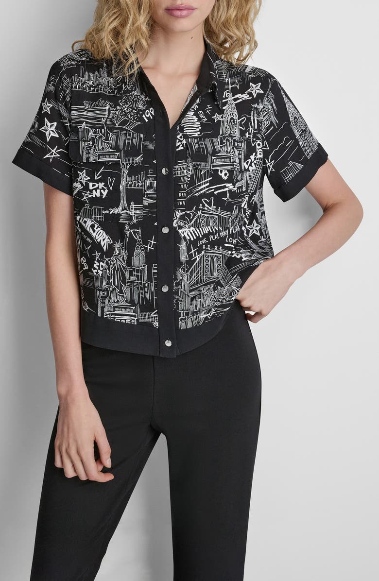 DKNY Print Short Sleeve Button-Up Shirt, Main, color, New York Toile Black