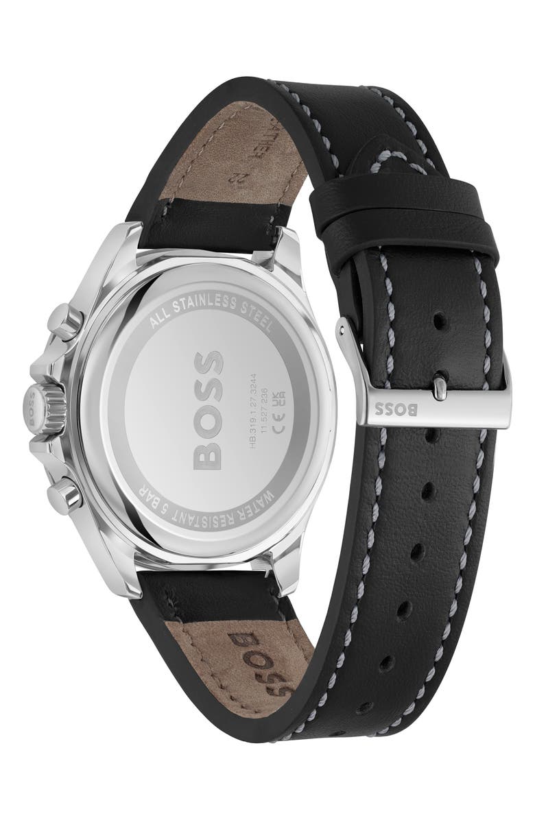 BOSS Troper Chronograph Leather Strap Watch, 45mm, Alternate, color, Black