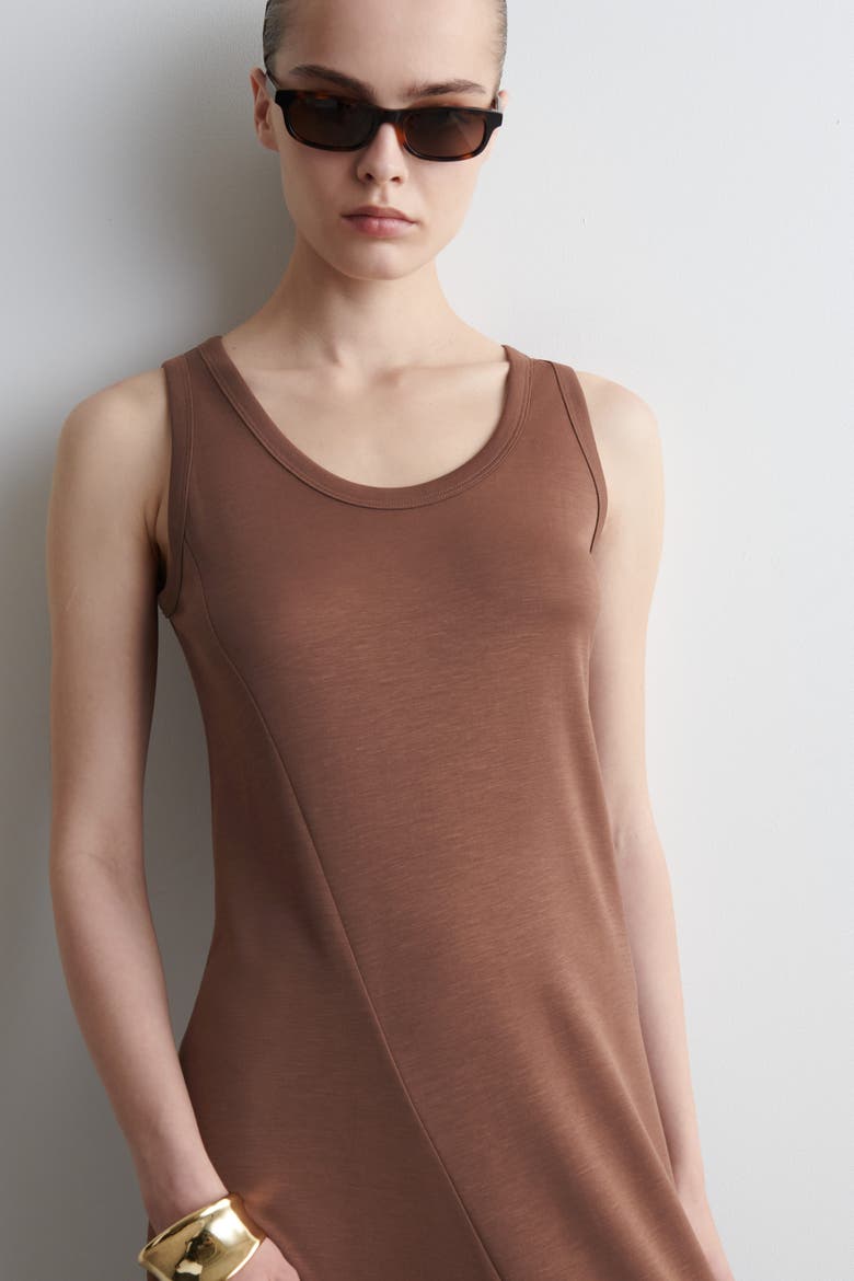 Asymmetric Jersey Midi Dress, Alternate, color, BROWN