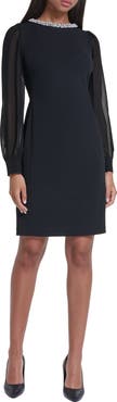 KARL LAGERFELD PARIS Jewel Neck Long Sleeve Scuba Crepe Sheath Dress