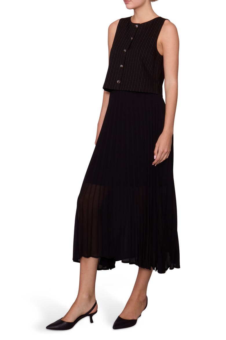 Mixed Media Pinstripe & Chiffon Dress, Alternate, color, BLACK/ IVORY STRIPE