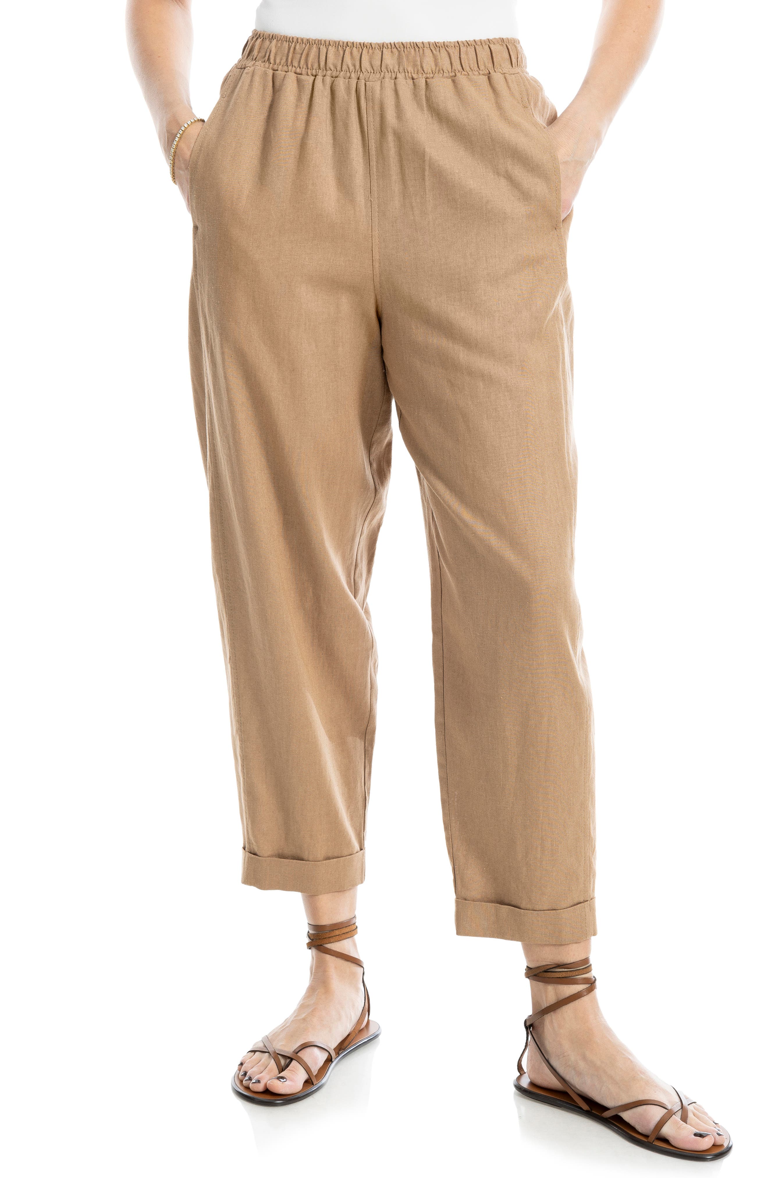 MAX STUDIO Cuffed Crop Linen Blend Barrel Leg Pants