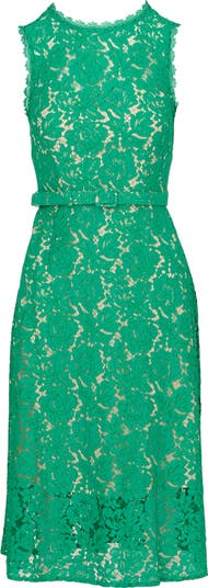 Belted Sleeveless Lace Midi Dress