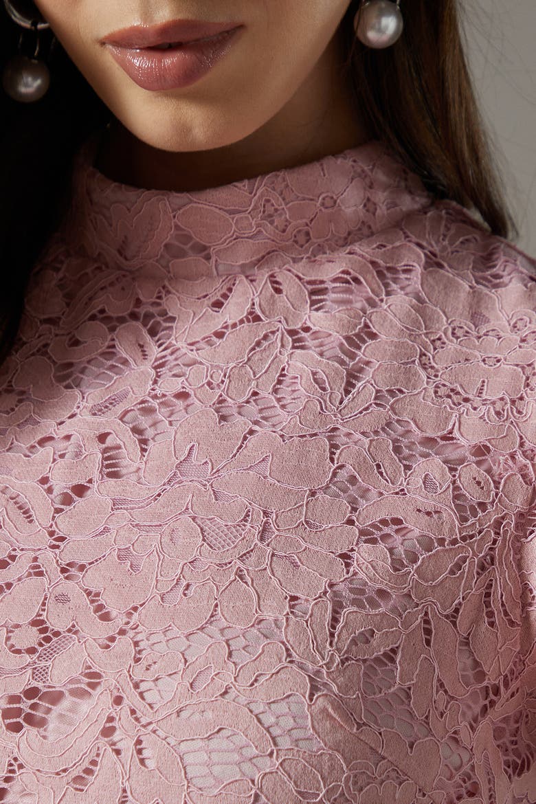 Lace Frill Sleeve High Neck Midi Dress, Alternate, color, Blush
