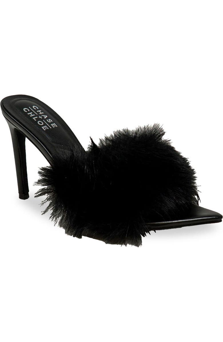 CHASE AND CHLOE Faux Fur Stiletto Mule Sandal, Main, color, Black