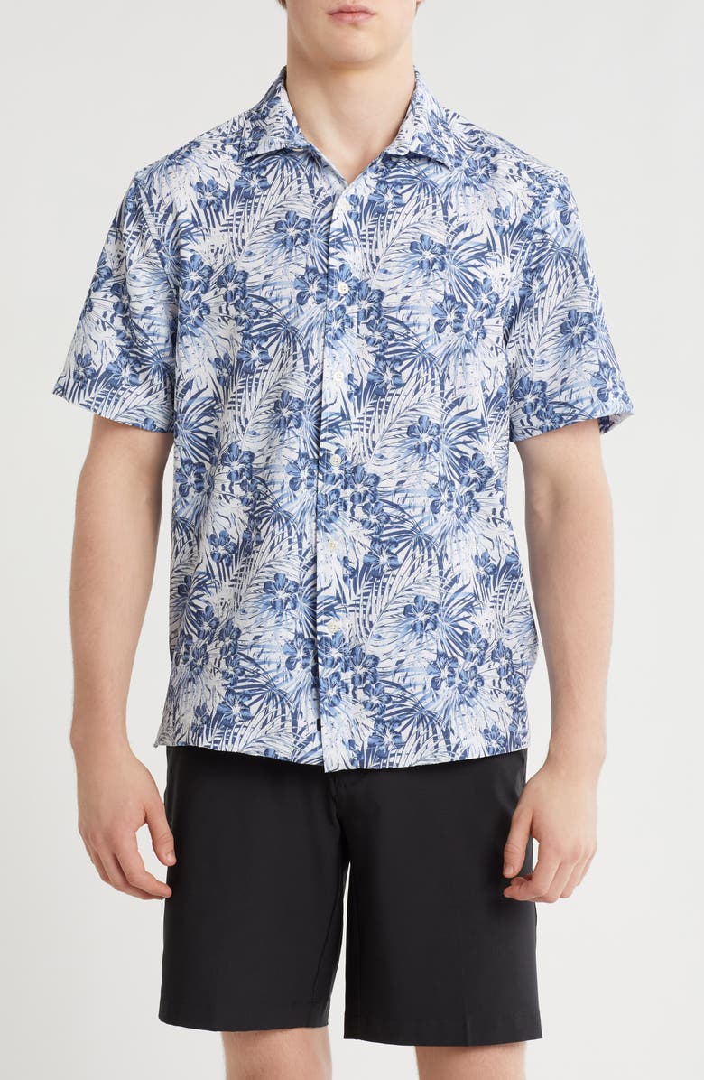 Greg Norman Hibiscus Print Short Sleeve Seersucker Button-Up Shirt, Main, color, Navy