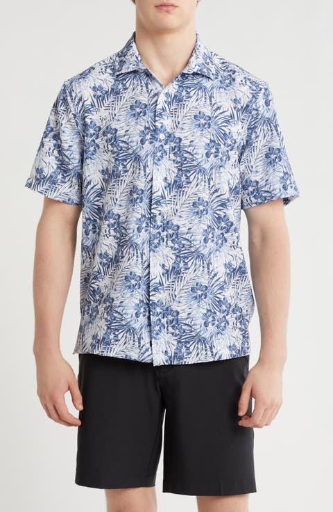 Hibiscus Print Short Sleeve Seersucker Button-Up Shirt
