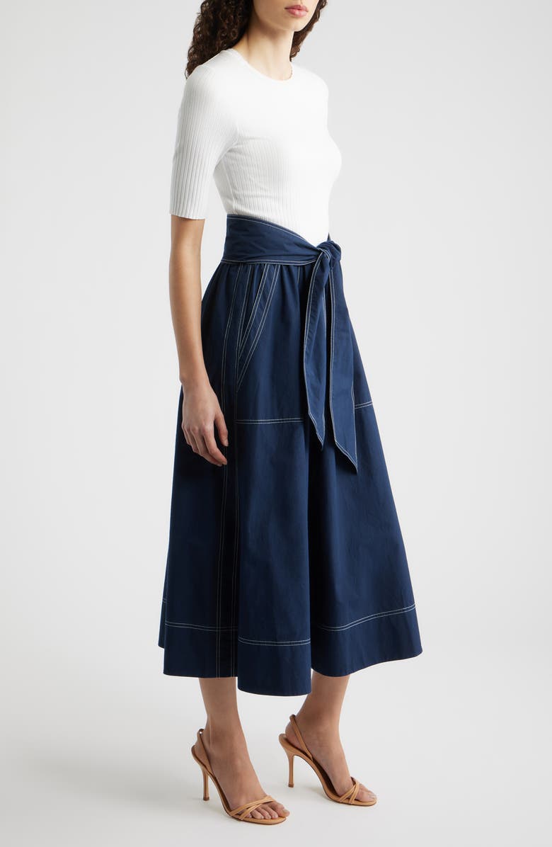 Vince Camuto Mixed Media Tie Front Midi Dress, Alternate, color, Ivory Navy