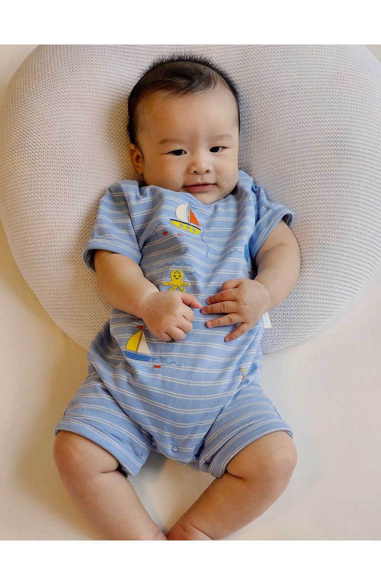 Purebaby Sail Away Short Onsie Romper, Alternate, color, Surf Mini Stripe