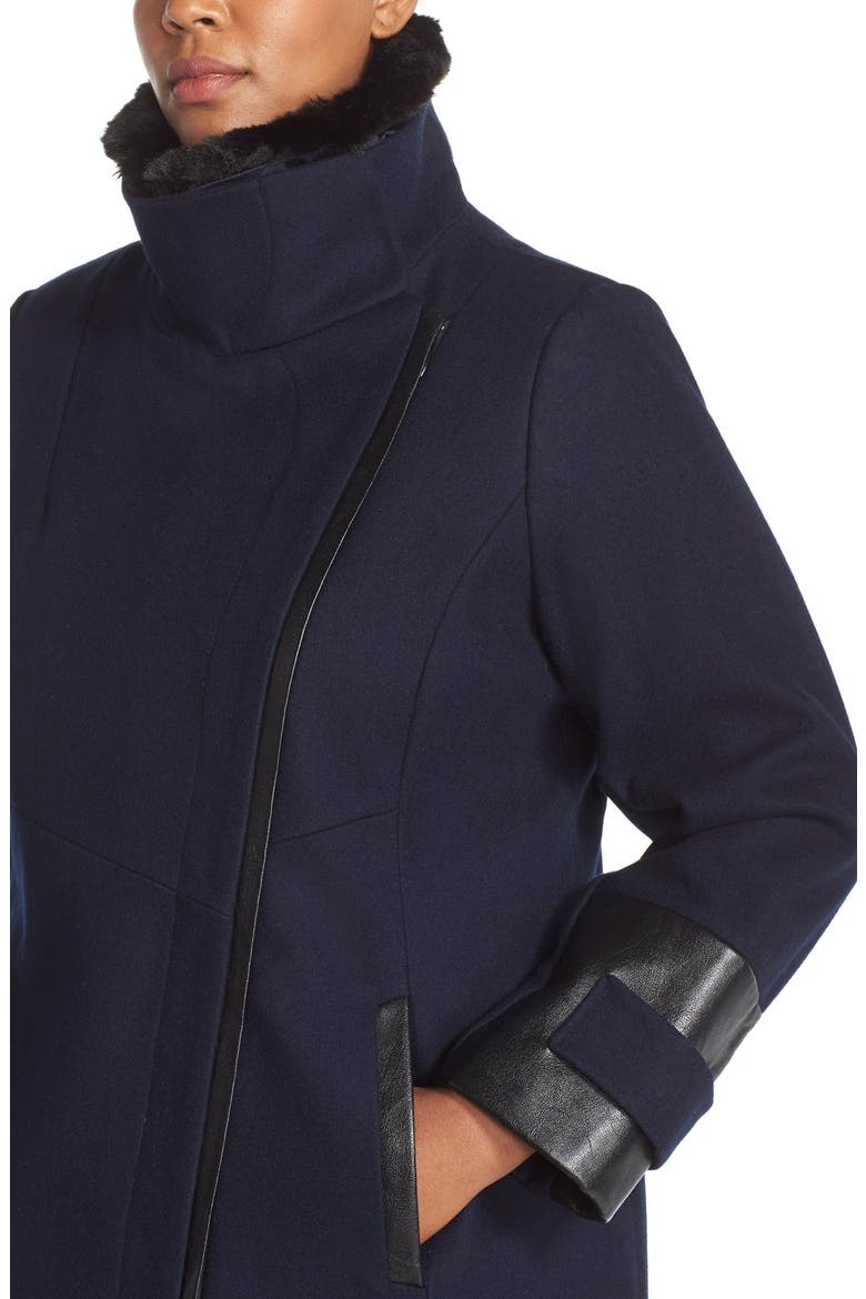 Faux Leather & Faux Fur Trim Asymmetrical Wool Blend Coat, Alternate, color, NAVY