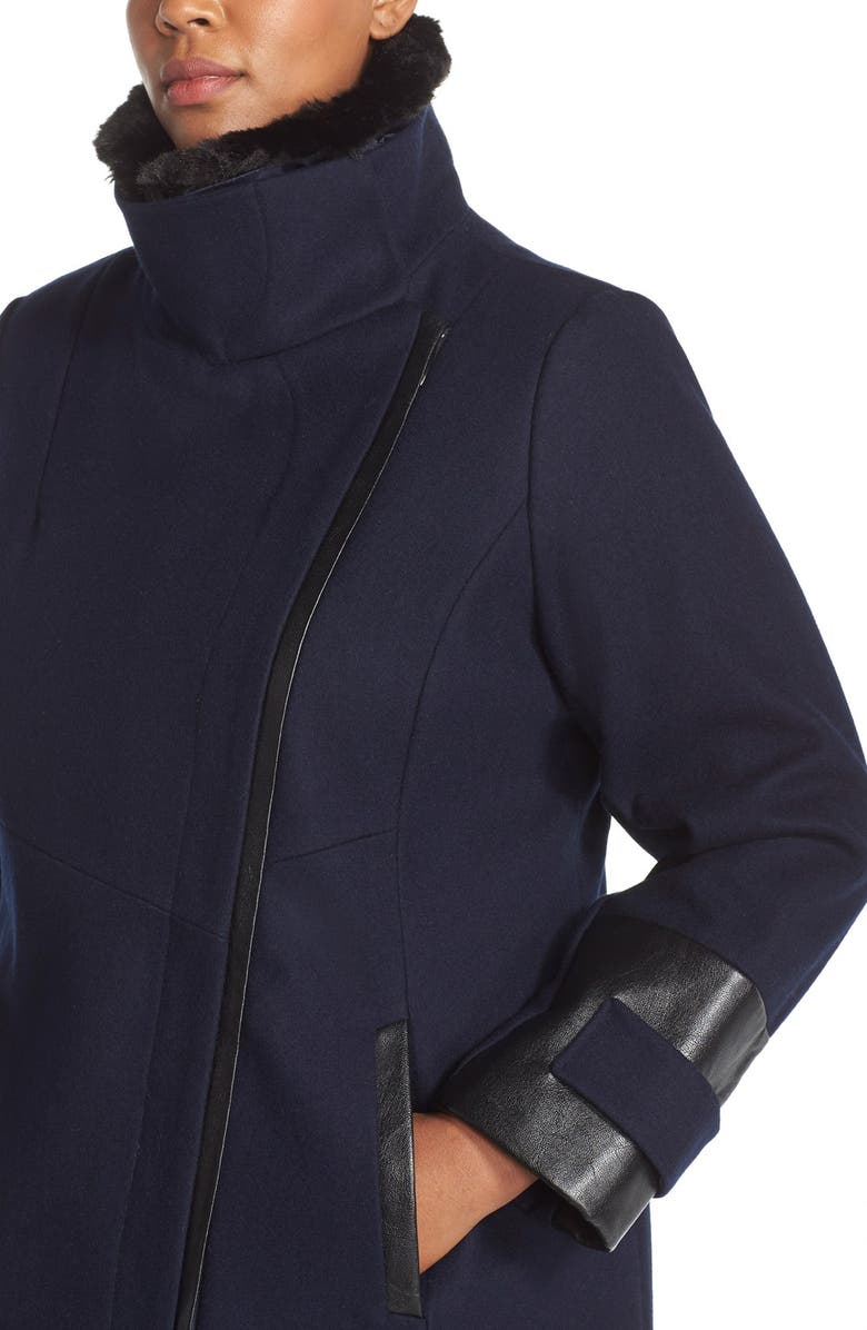 Via Spiga Faux Leather & Faux Fur Trim Asymmetrical Wool Blend Coat, Alternate, color, 