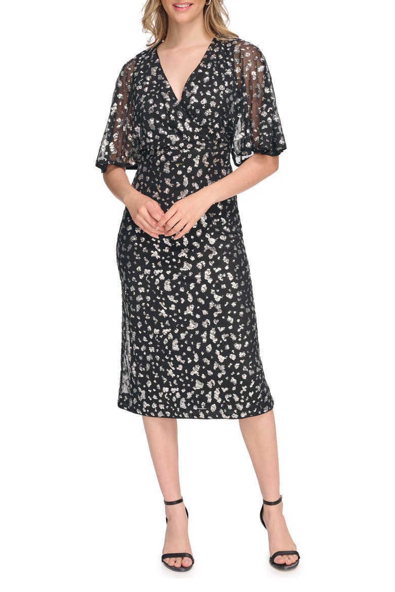 Sequin Faux Wrap Dress, Main, color, BLACK / SILVER