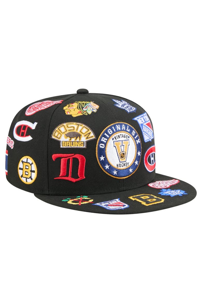Men's New Era  Black Original 6 Allover Logos 9FIFTY Snapback Hat, Main, color, Black