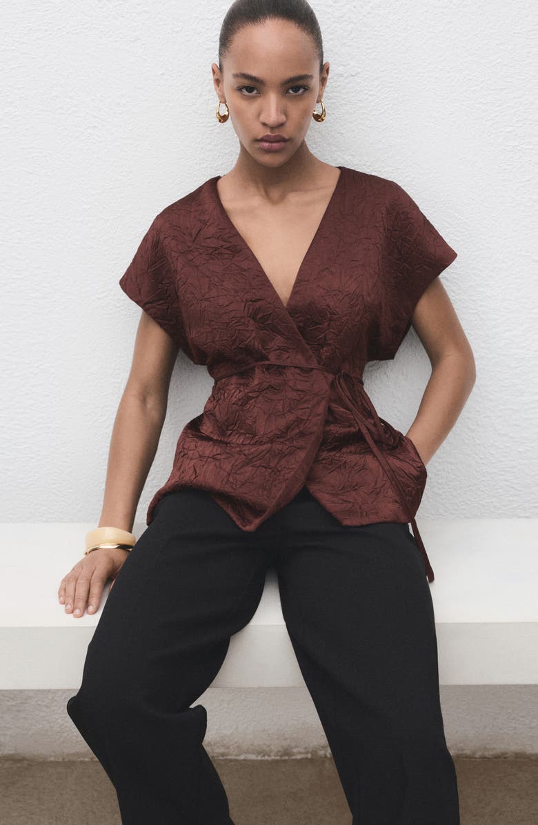 MANGO Double Breasted Crinkled Effect Wrap Jacket, Alternate, color, Chocolate