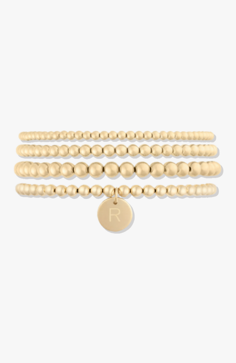 Classic Initial Coin 14k Gold Filled Bead Four Bracelet Stack