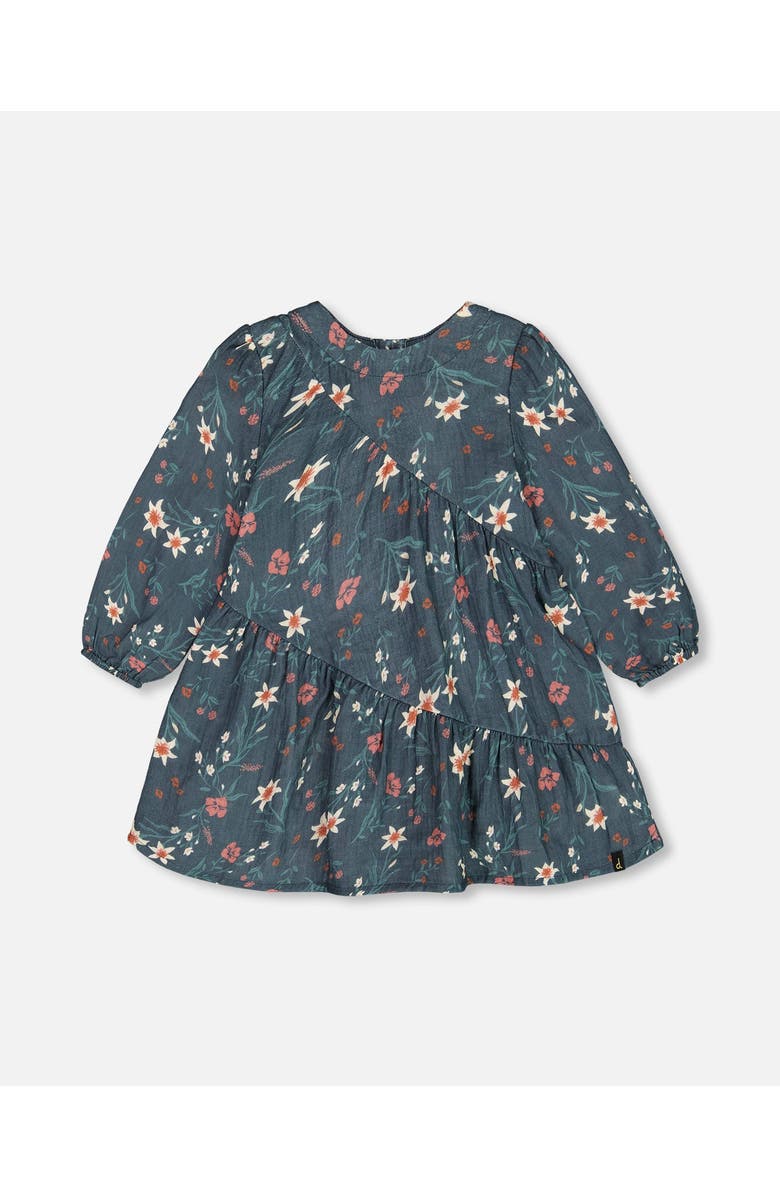 Deux par Deux Little Girl's Long Sleeve Muslin Dress Teal Printed Flowers, Main, color, 