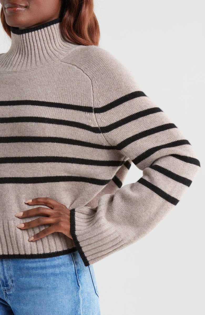 Reformation Brooke Crop Cashmere Turtleneck Sweater, Alternate, color, Toast / Black Stripe