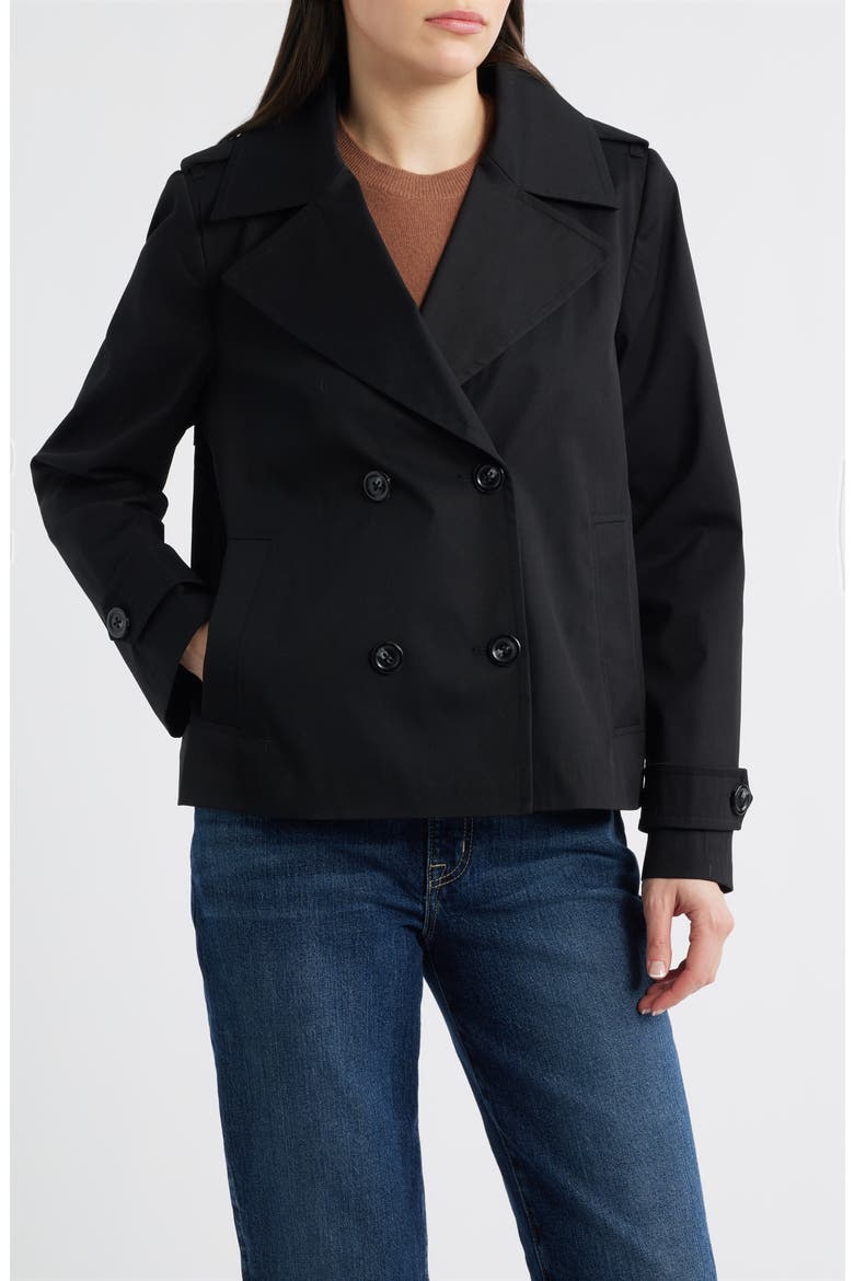 Water Resistant Double Breasted Short Trench Coat, Main, color, BLACK