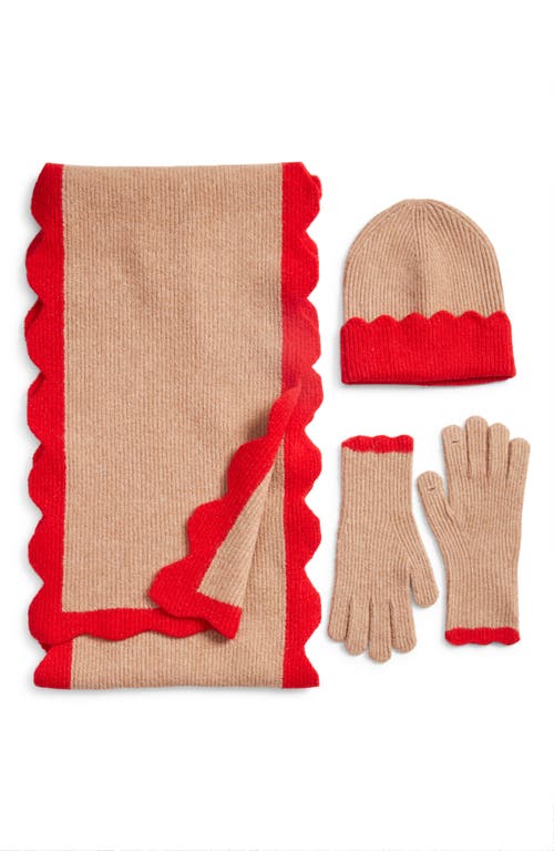 Treasure & Bond Scalloped Scarf, Beanie & Gloves Set In Brown