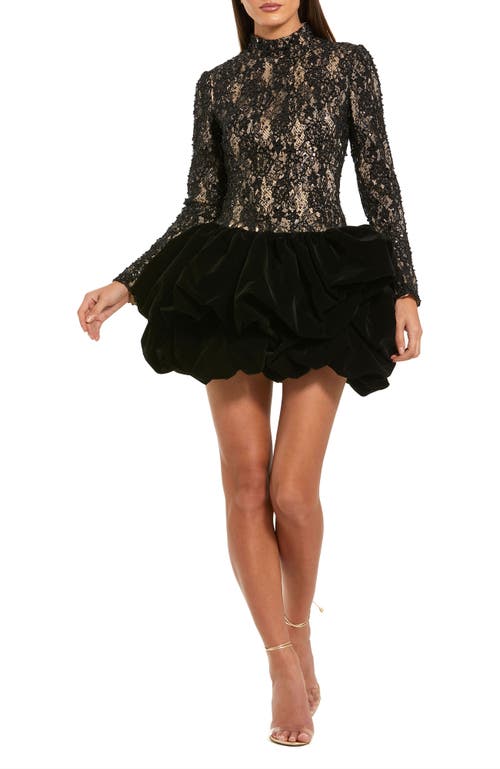 Mac Duggal Mock Neck Long Sleeve Lace And Velvet Mini Dress In Black